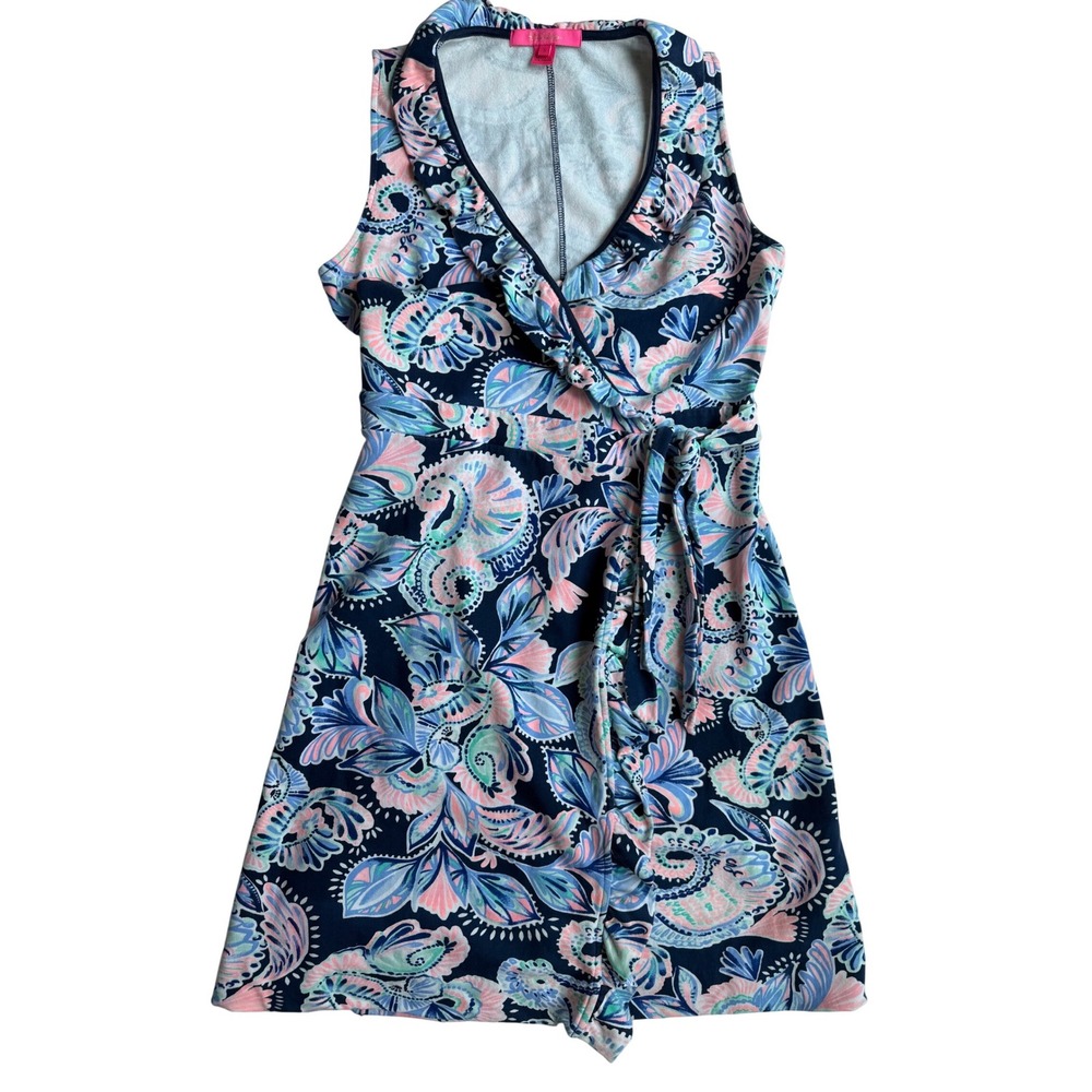 Lilly Pulitzer Romee Wrap Dress Navy Pink Paisley Ruffle French Terry Small